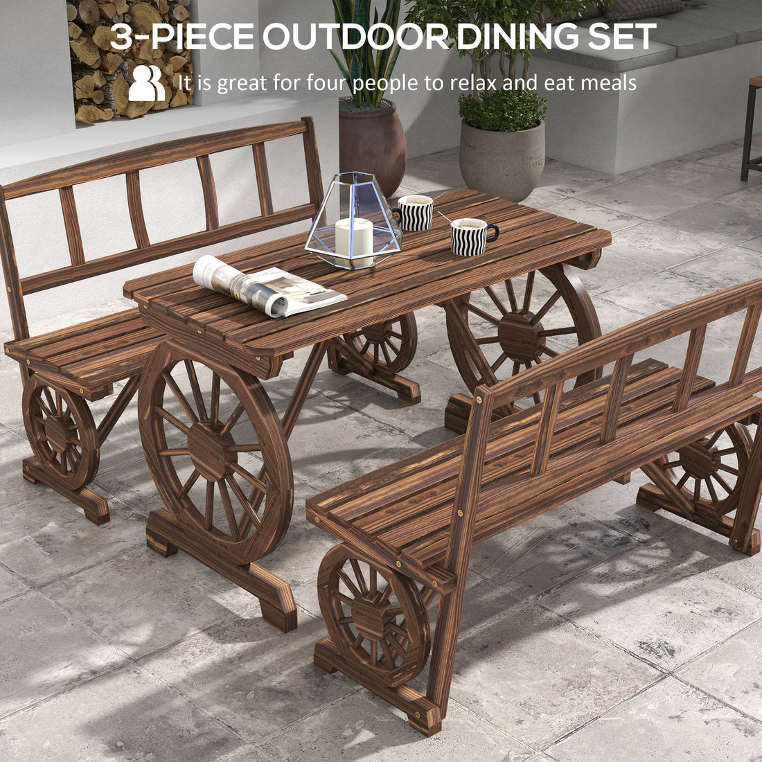 Patio Table and Chairs for 4 People, Wagon Wheel Design, Outdoor Furniture Set for Backyard, Garden, Carbonized
