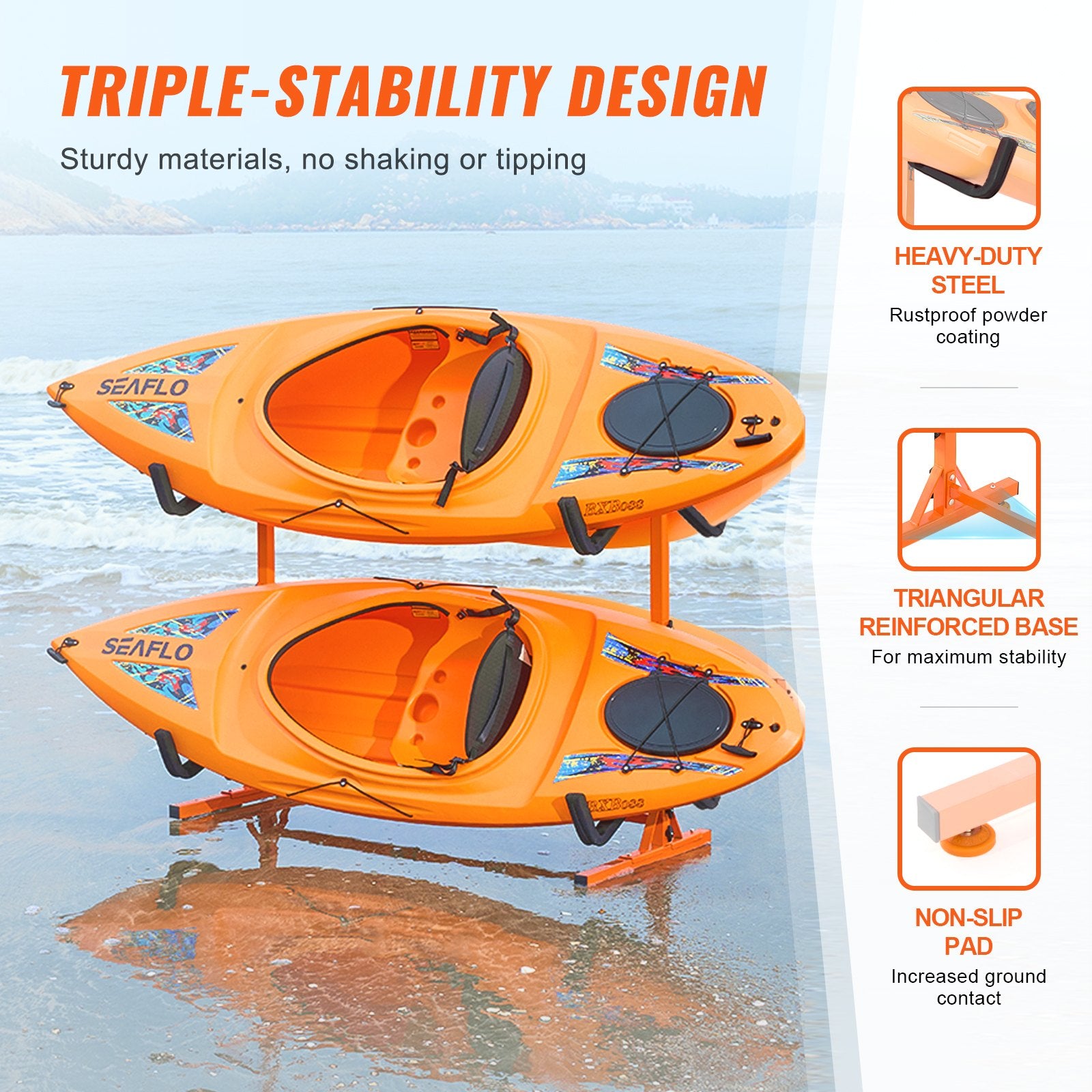 Freestanding Kayak Storage Rack, Kayak Stand For 4 Kayak Canoe Paddleboard, Heavy-duty Steel Kayak Hanger Holder With Padded Arms And Adjustable Width, 220LBS Max Load, For Indoor Outdoor Garage