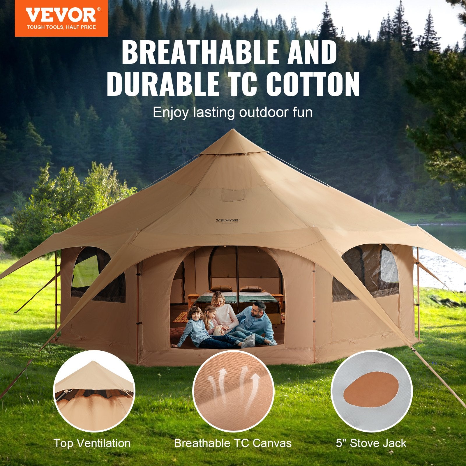 Canvas Tent, 4 Seasons 5 M/16.4 Ft Bell Tent, Canvas Tent For Camping With Stove Jack, Breathable Yurt Tent For Up To 8 People, Family Camping Outdoor Hunting Party