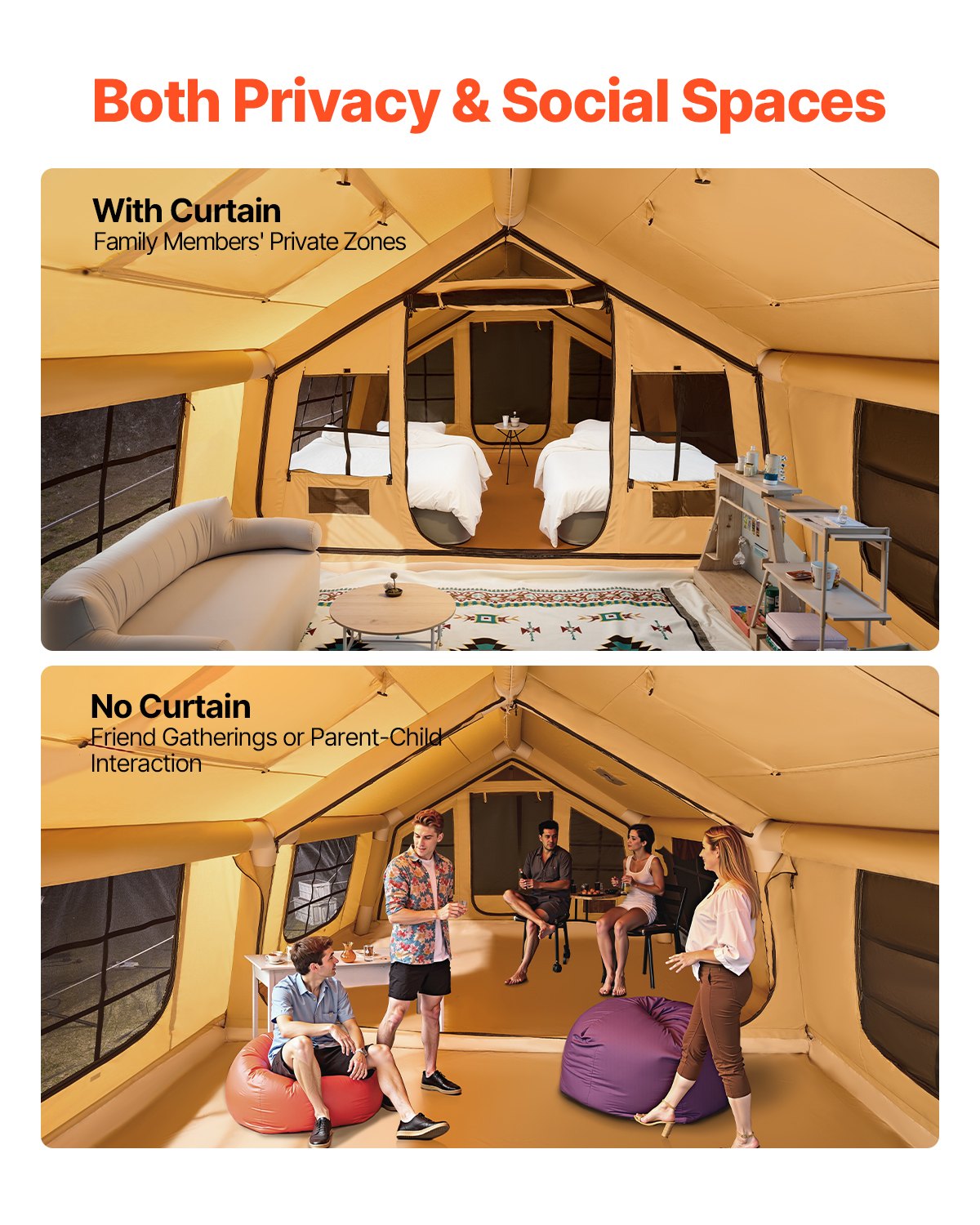 Inflatable Tents For Camping, 8-12 Person Easy Setup Blow Up Tent With Hand Pump, 4 Season Luxury Glamping Tent With 2 Skylights, Canopy, Stove Jack, 2 Doors & Mesh Windows, Include Storage Bag