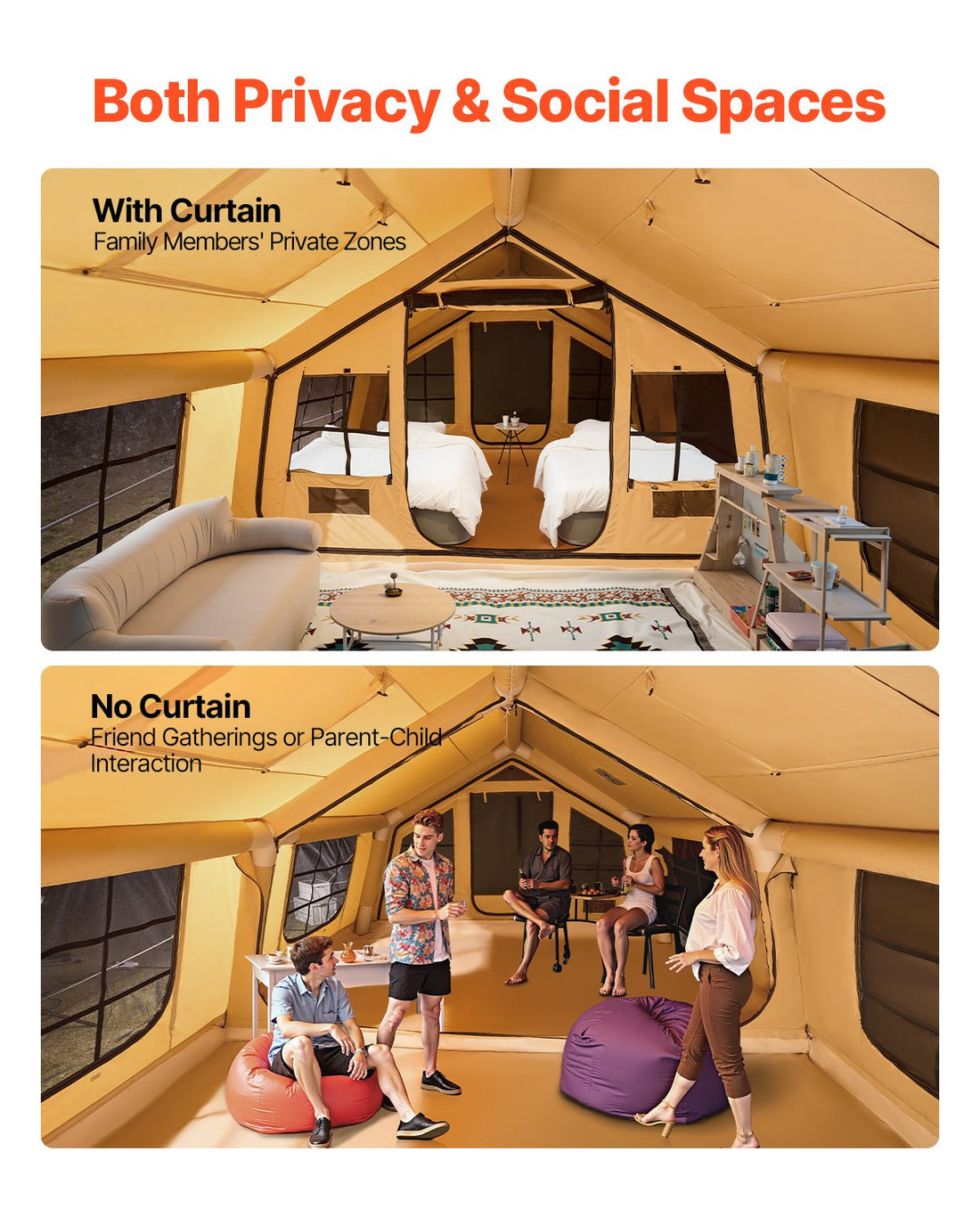 Inflatable Tents For Camping, 8-12 Person Easy Setup Blow Up Tent With Hand Pump, 4 Season Luxury Glamping Tent With 2 Skylights, Canopy, Stove Jack, 2 Doors & Mesh Windows, Include Storage Bag