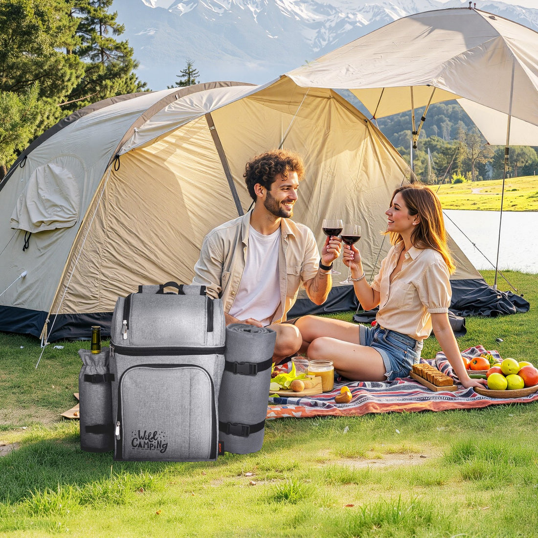 Beach Picnic Backpack Bag For 4 Person With Cooler Compartment Grey