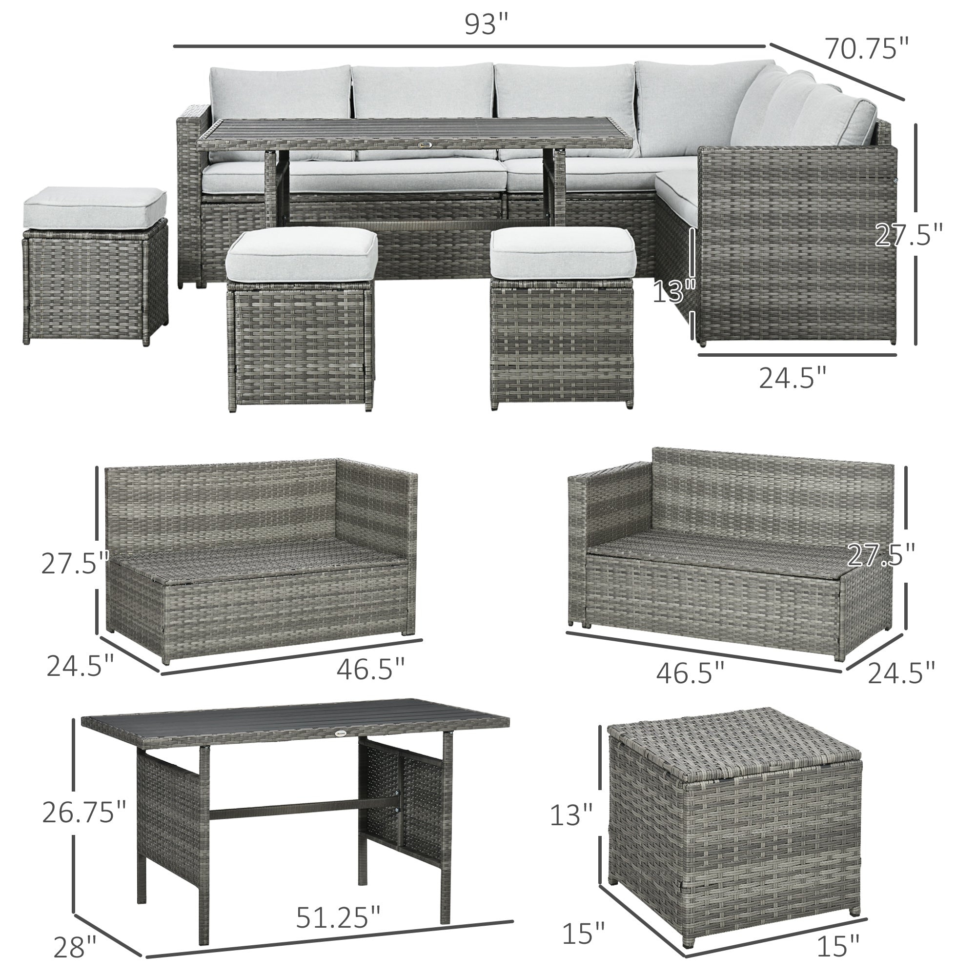Wicker Outdoor Patio Furniture Set, L-Shaped 7 Piece Outdoor Dining Sectional Sofa with Dining Table and Chair, Storage Loveseat, Ottomans and Cushions, Mixed Gray