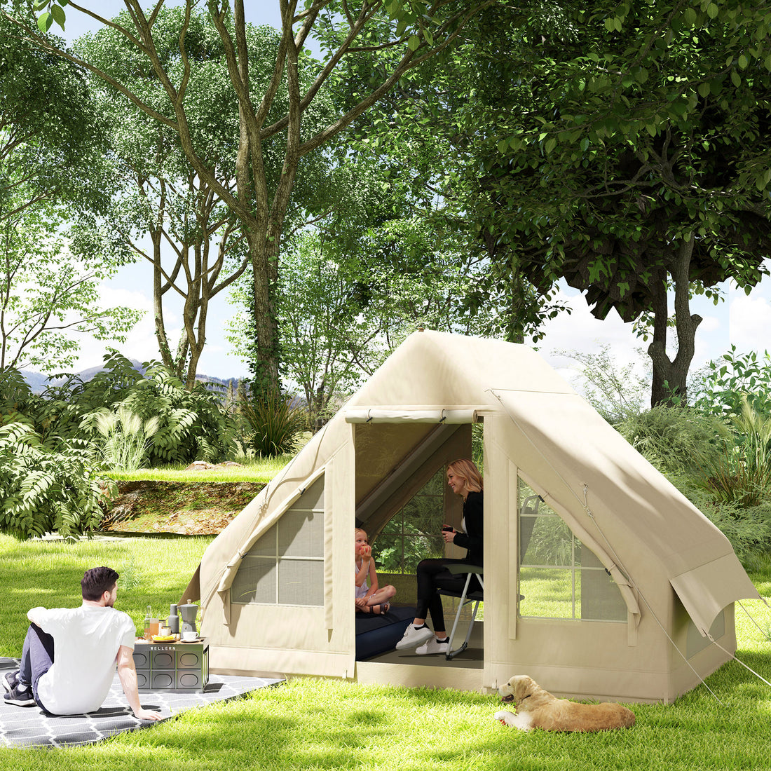 Inflatable Camping Tent With Hand Pump, 4 Season Blow Up Tent, Waterproof And Windproof With Mesh Windows And Doors