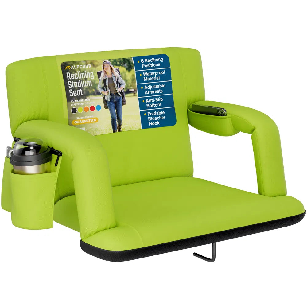 Alpcour Reclining Stadium Seat - Waterproof Foldable Camping Chair With Extra Thick Padding And Wide Back Support