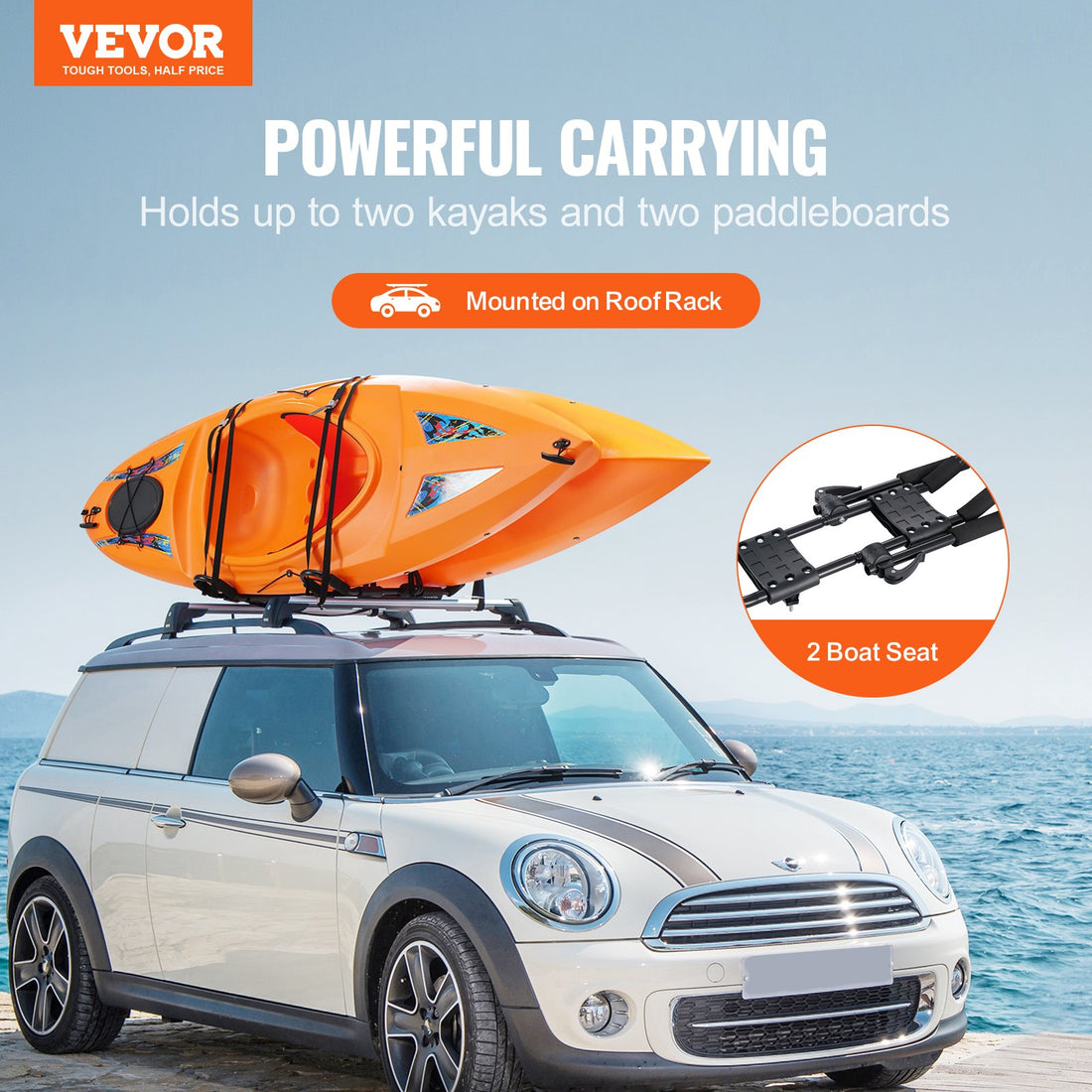 Kayak Roof Rack 1 Pair J-Bar, Soft Roof Rack, Top Mount Tie Down, Carrier For Kayak, Surf Board, Canoe, SUP, Ski Board, Mount On Car, SUV, Truck, 2 Kayaks