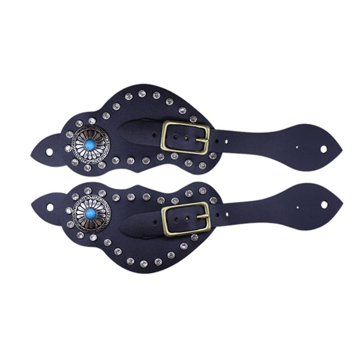 Pair Spur Strap, Western Retro Horse Spur Strap With Buckle, Genuine Cow Leather Material For Horse Training, Decorative Rhinestones Inlaid Surface, Metal Buckle For Easy Adjustment,