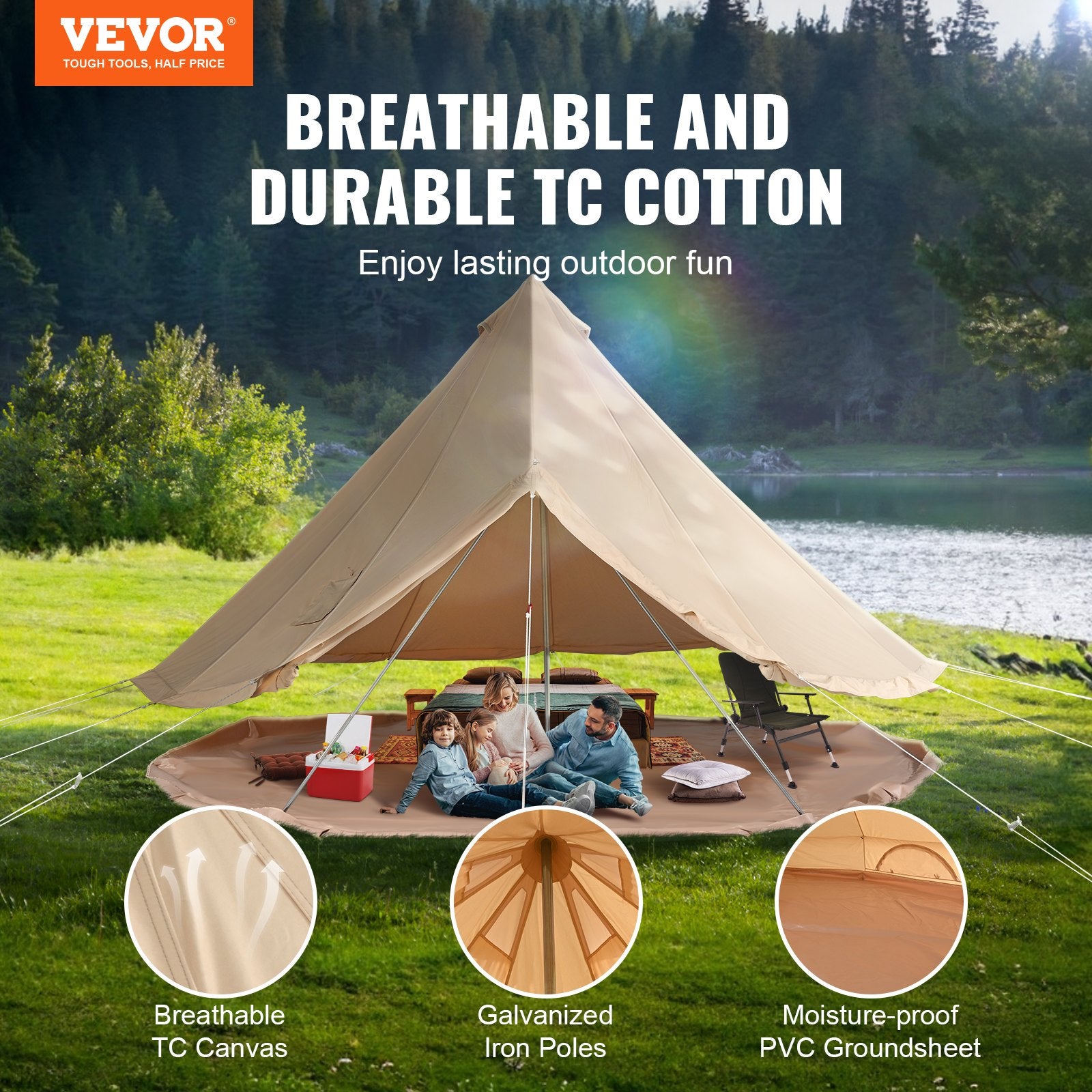 3-5 Person Canvas Glamping Bell Tent, Breathable Waterproof Yurt Tent With Stove Jack And Detachable Side Wall For Family Camping, 10'x 10'x98"(Diameter 3M)