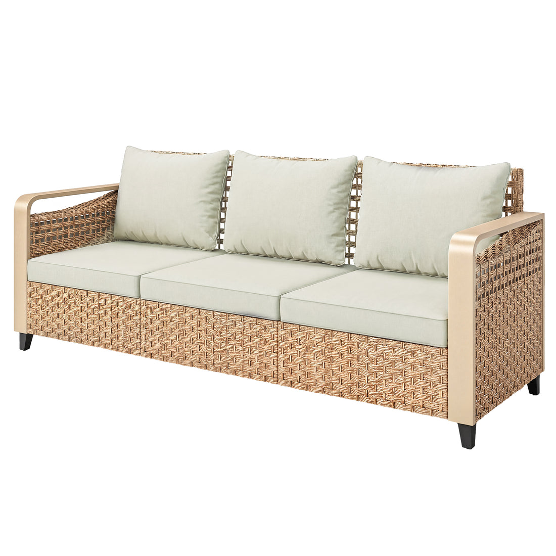 Rattan Wicker Sofa 3-Seater Outdoor Patio Sofa with Cushions for Garden Backyard Porch Beige