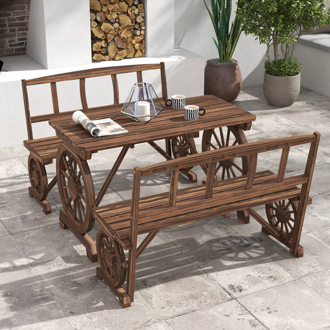 Patio Table and Chairs for 4 People, Wagon Wheel Design, Outdoor Furniture Set for Backyard, Garden, Carbonized
