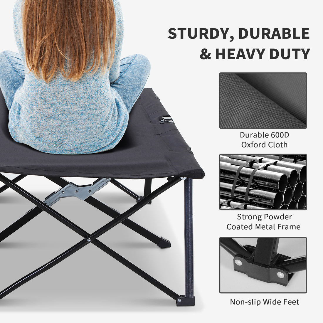 2 Person Folding Camping Cot for Adults, 50" Extra Wide Outdoor Portable Sleeping Cot with Carry Bag, Elevated Camping Bed, Beach Hiking, Black